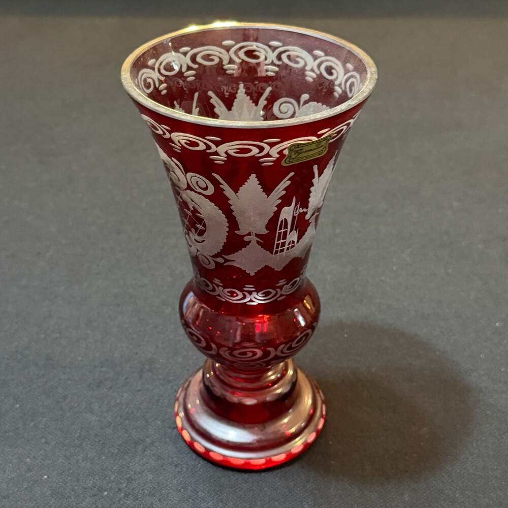 Vintage 1920s Egermann German Ruby Red Bohemian Czech Art Glass Vase 8”